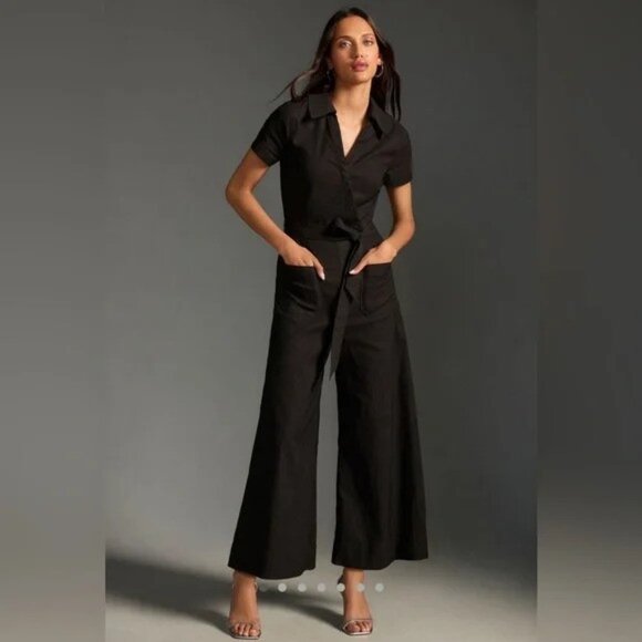 Maeve The Colette Wrap Wide-Leg Jumpsuit Black Size 10 - Picture 1 of 13